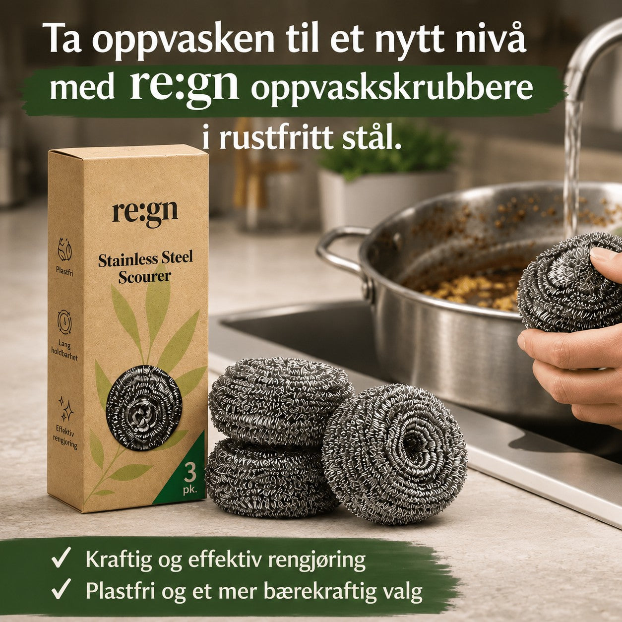Oppvaskskrubb i rustfritt stål – 3 stk