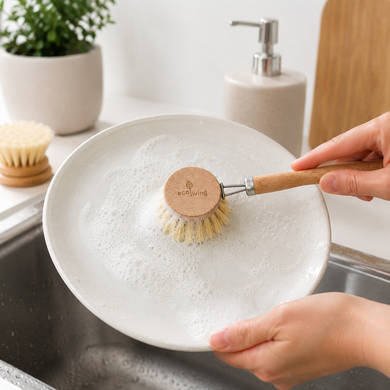 Oppvaskbørste i stål & tre – Med utskiftbart hode - Eco living