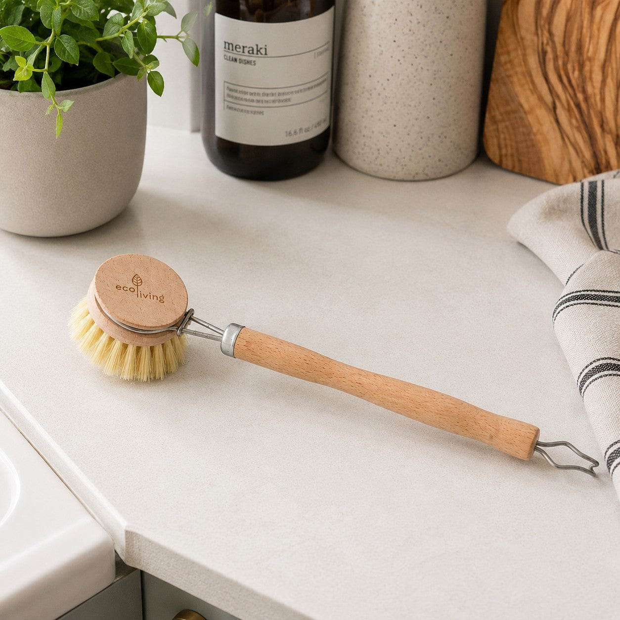 Oppvaskbørste i stål & tre – Med utskiftbart hode - Eco living