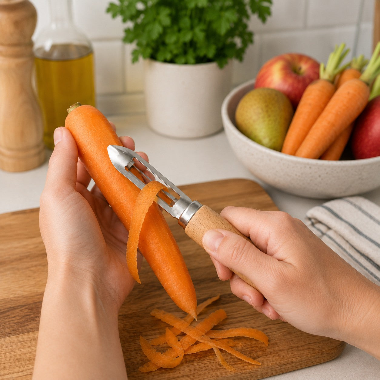 Grønnsaksskreller med trehåndtak 15 cm – Skarp skreller i rustfritt stål