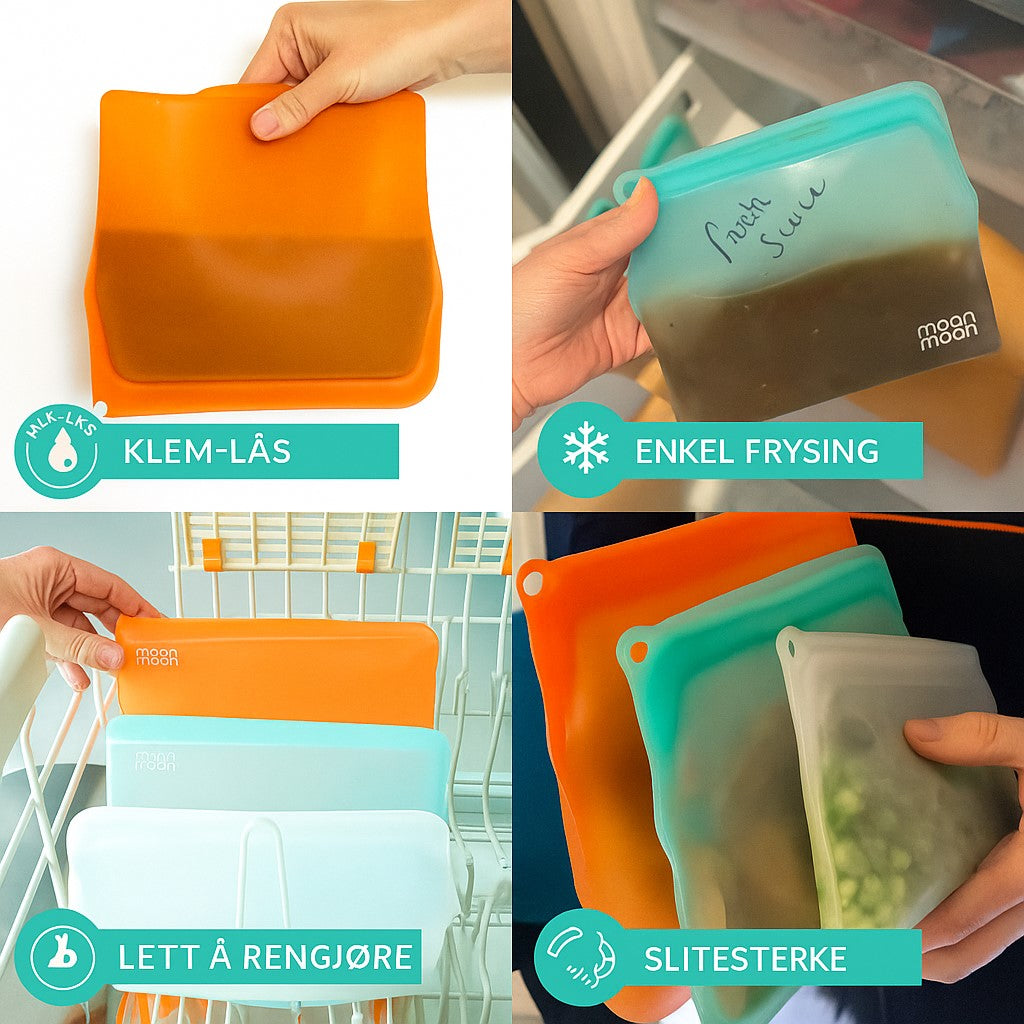 Gjenbrukbare silikonposer 3.pk – lekkasjesikre og enkle i bruk